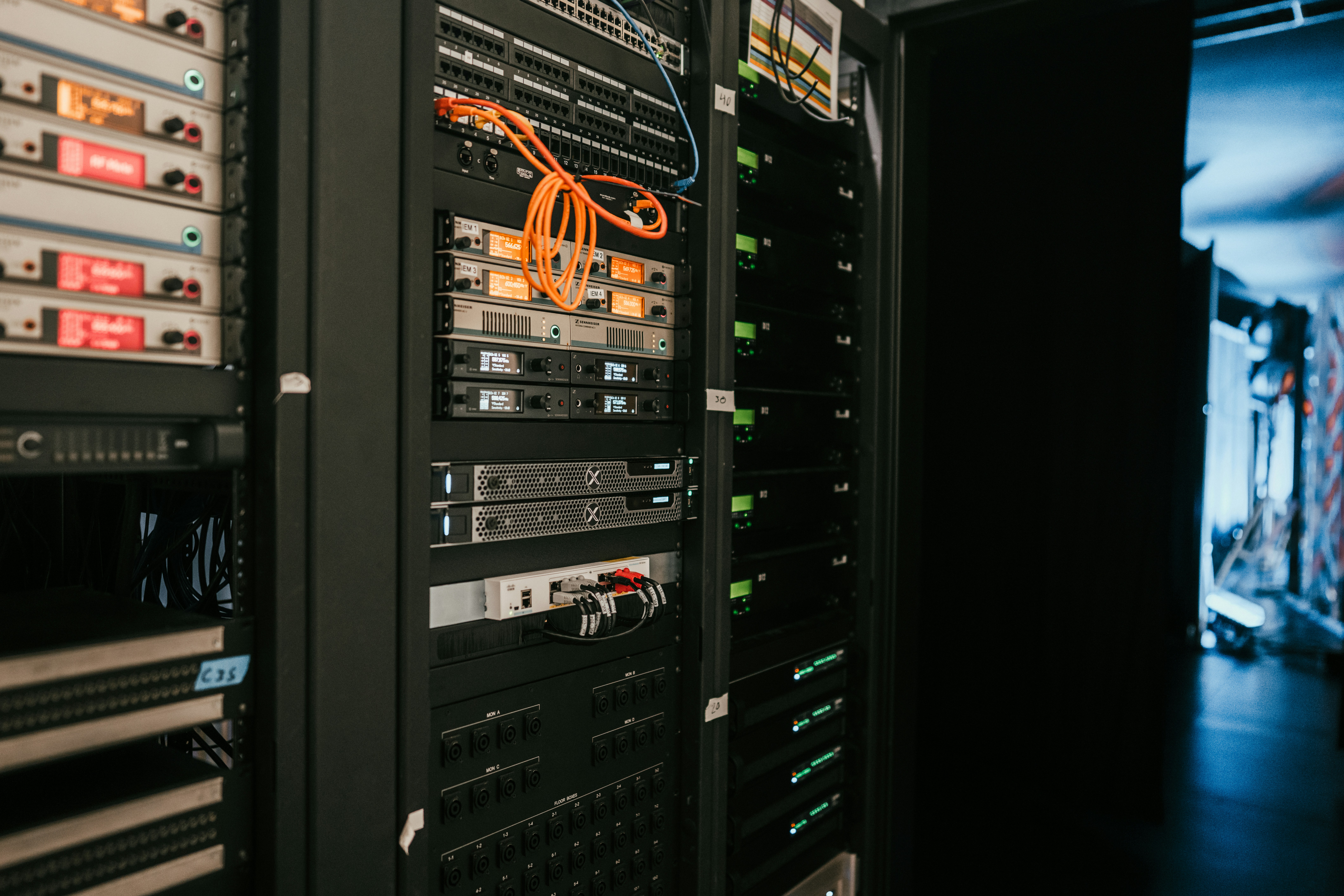 Server rack and network equipment representing controlled secure remote access for infrastructure teams