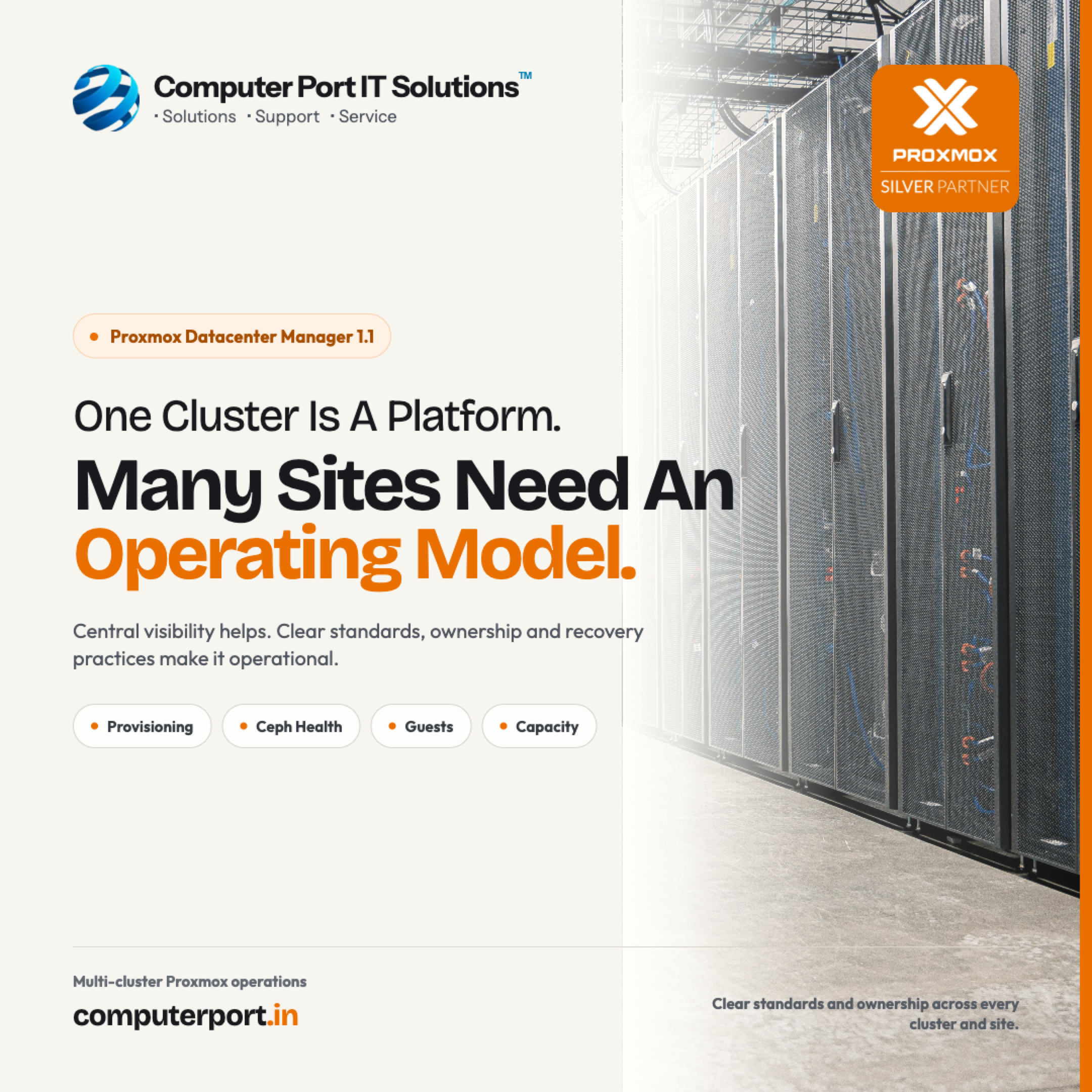 Light Computer Port IT Solutions poster about Proxmox Datacenter Manager 1.1 and multi-cluster operating standards