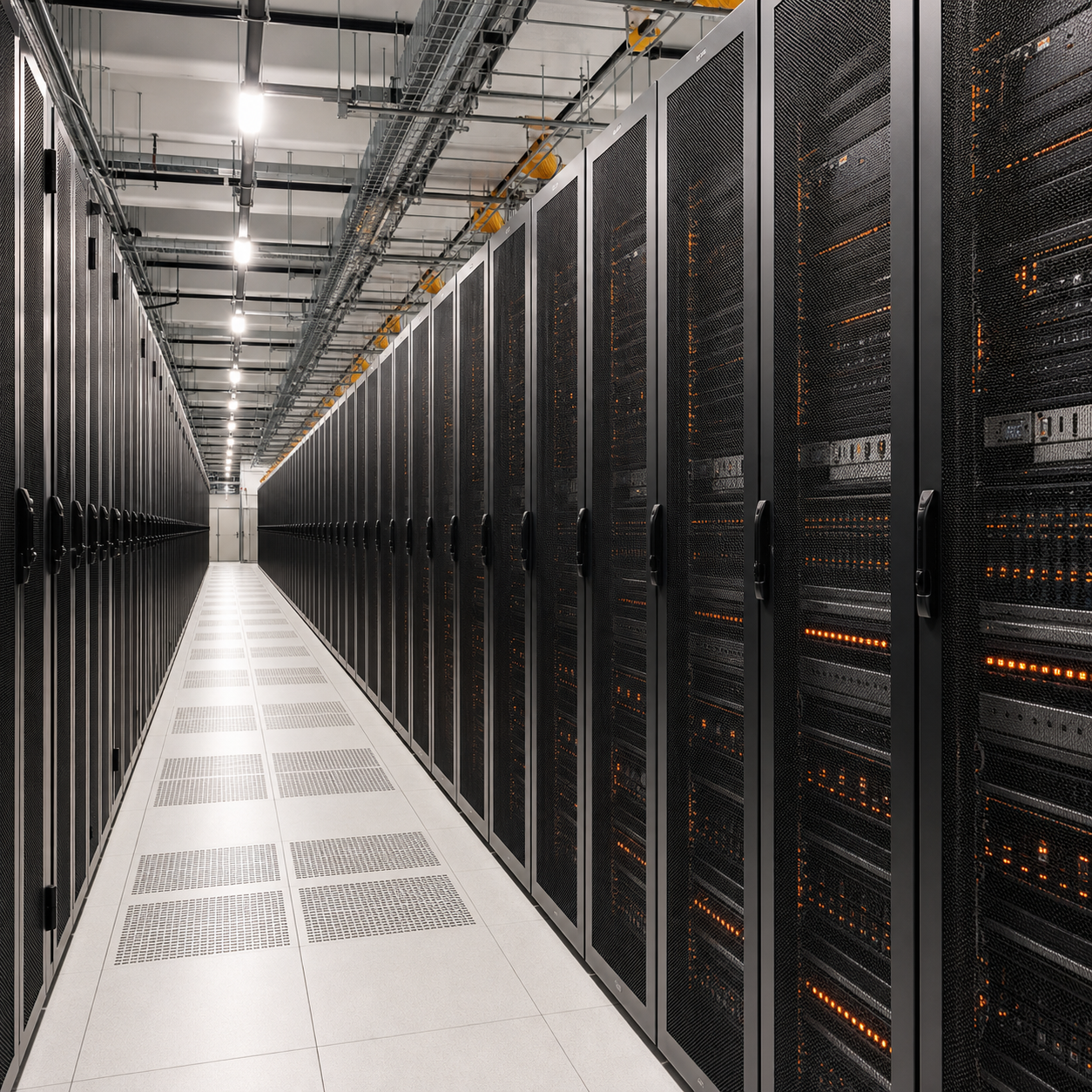 Long rows of enterprise server racks in a large data centre with orange status lights