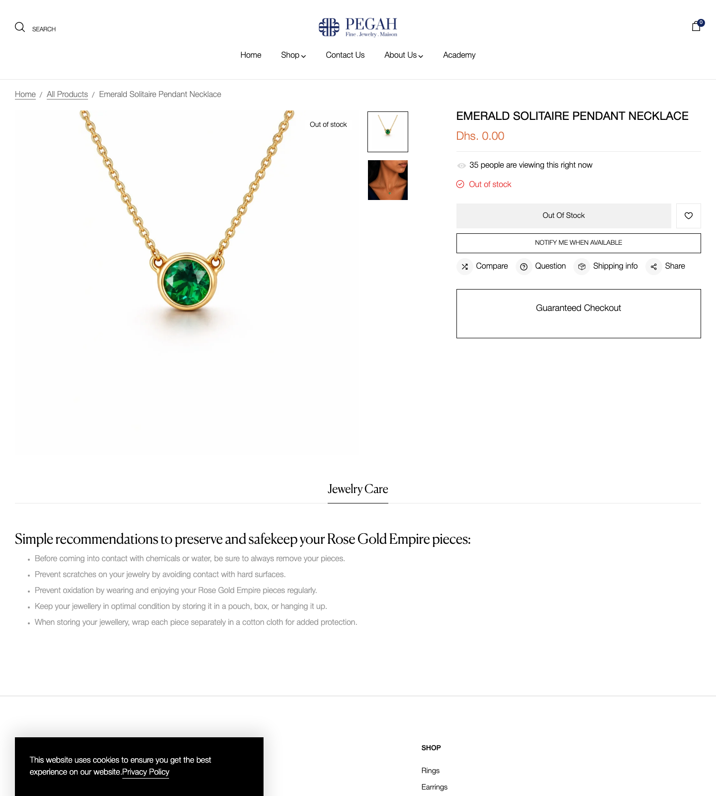 Product page with jewellery-care guidance
