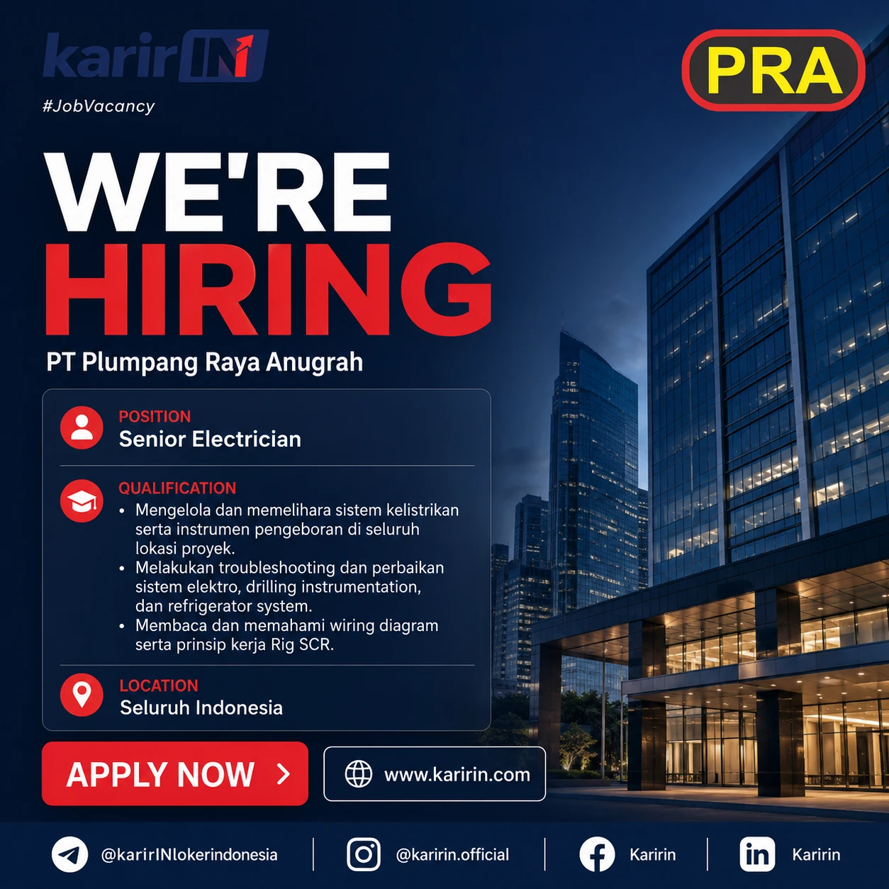 Flyer Senior Electrician - PT Plumpang Raya Anugrah, Seluruh Indonesia | KarirIN 1
