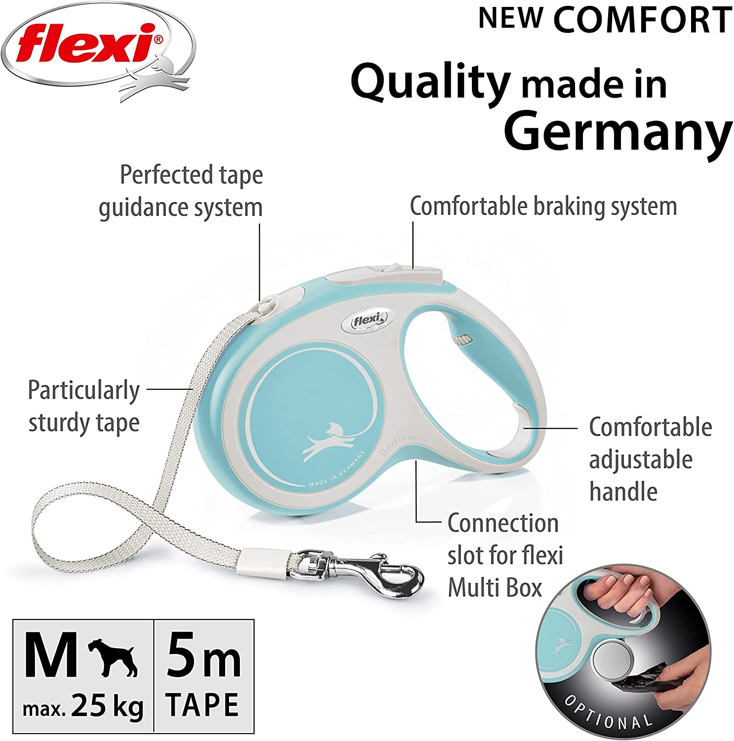 Flexi Dog Lead (Tape) - Comfort Light Blue & White