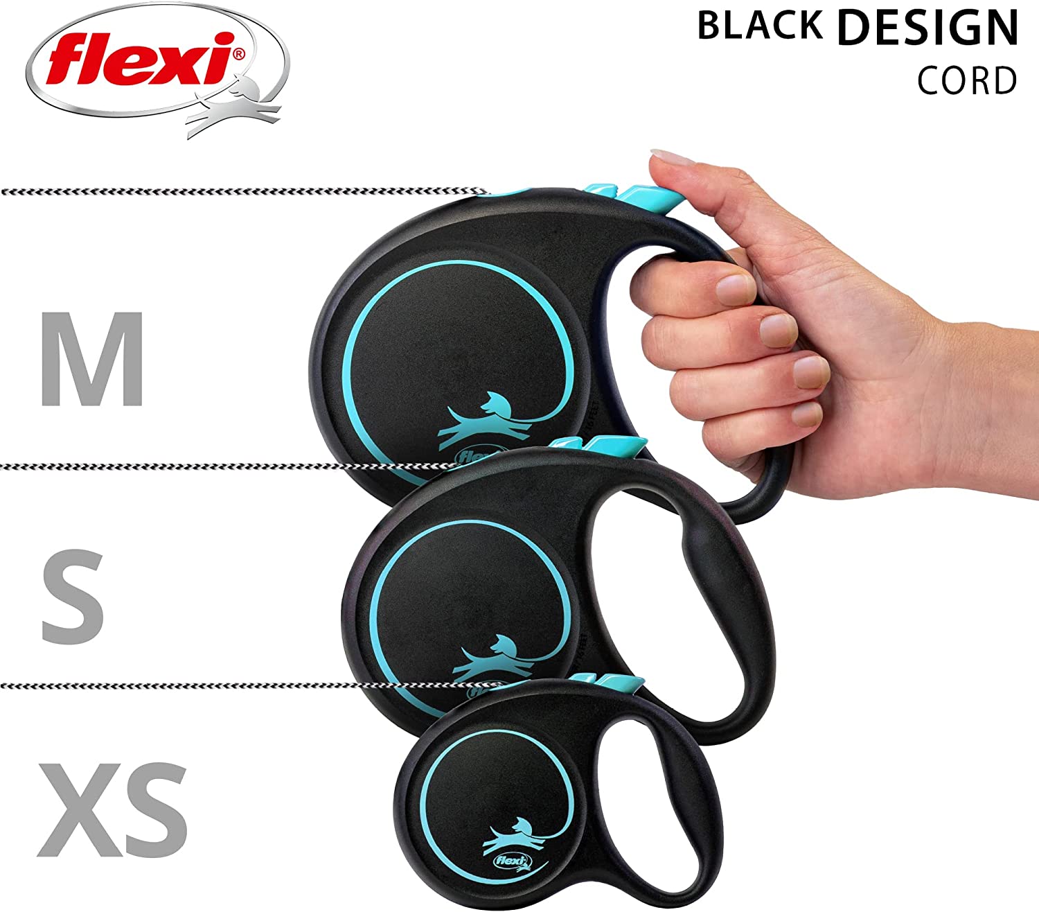 Flexi Dog Lead (Cord) - Black Design Blue