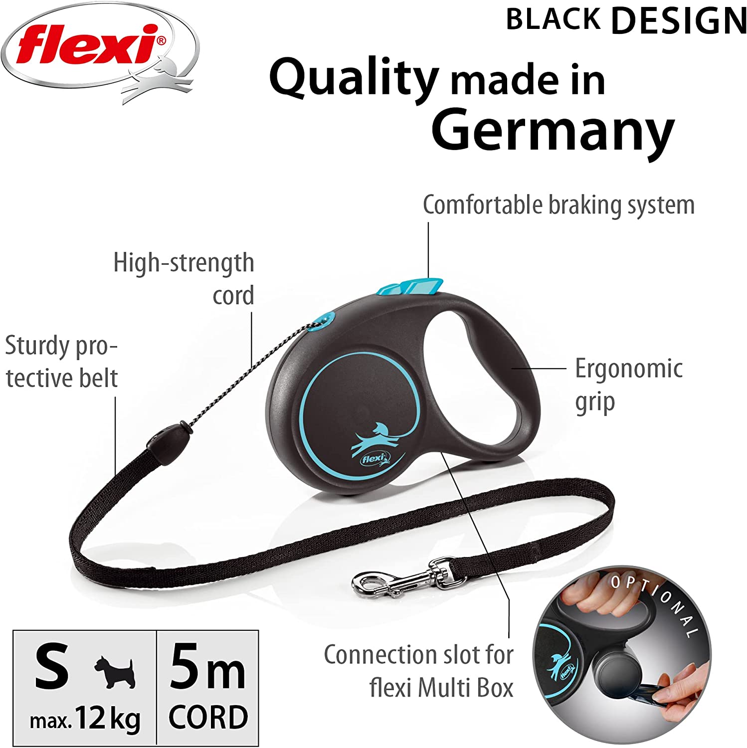 Flexi Dog Lead (Cord) - Black Design Blue