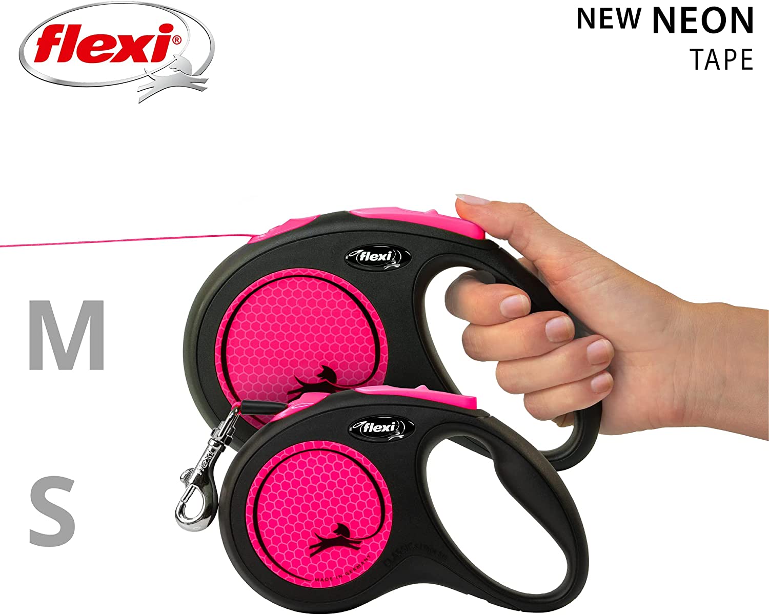 Flexi Dog Lead (Tape) - Reflective Neon Pink