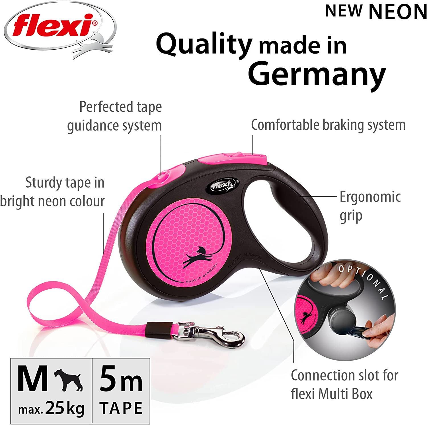 Flexi Dog Lead (Tape) - Reflective Neon Pink