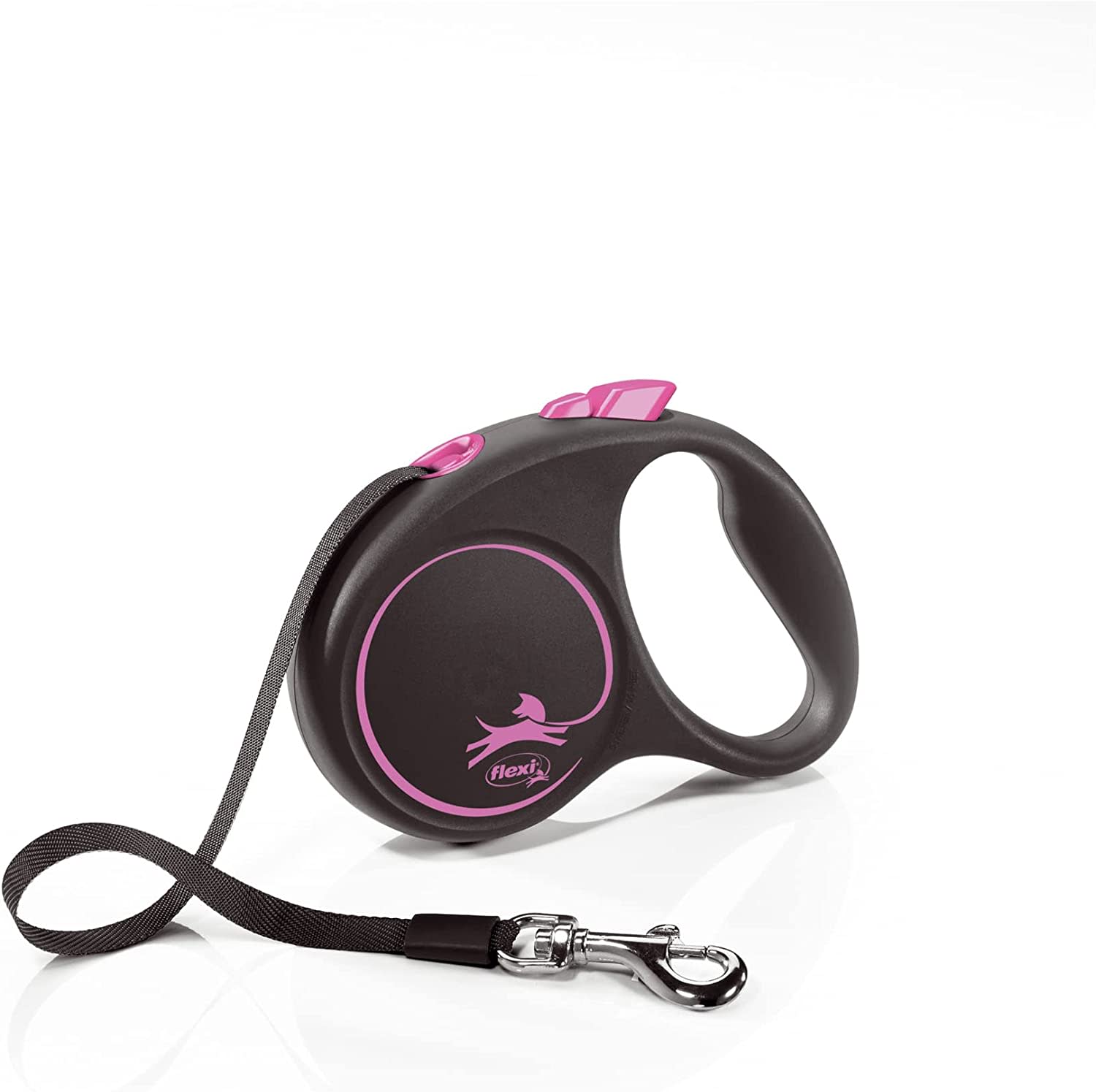 Flexi Dog Lead (Tape) - Black Design Pink