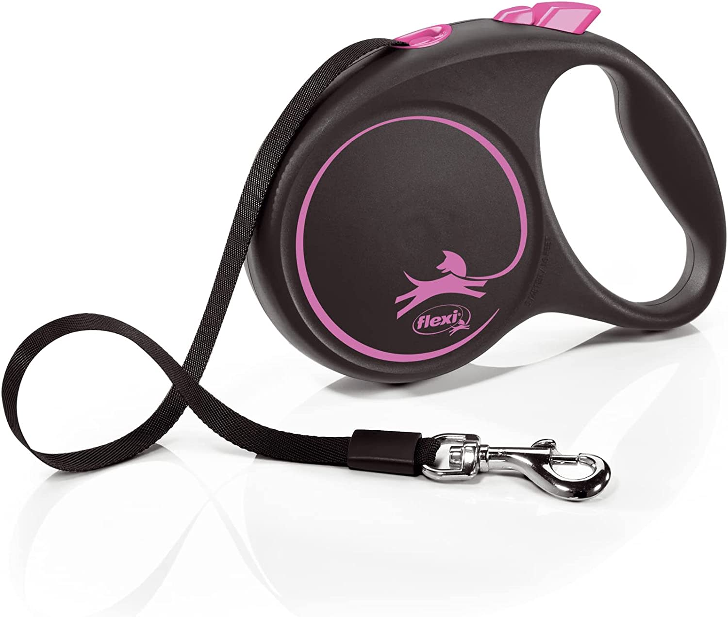Flexi Dog Lead (Tape) - Black Design Pink