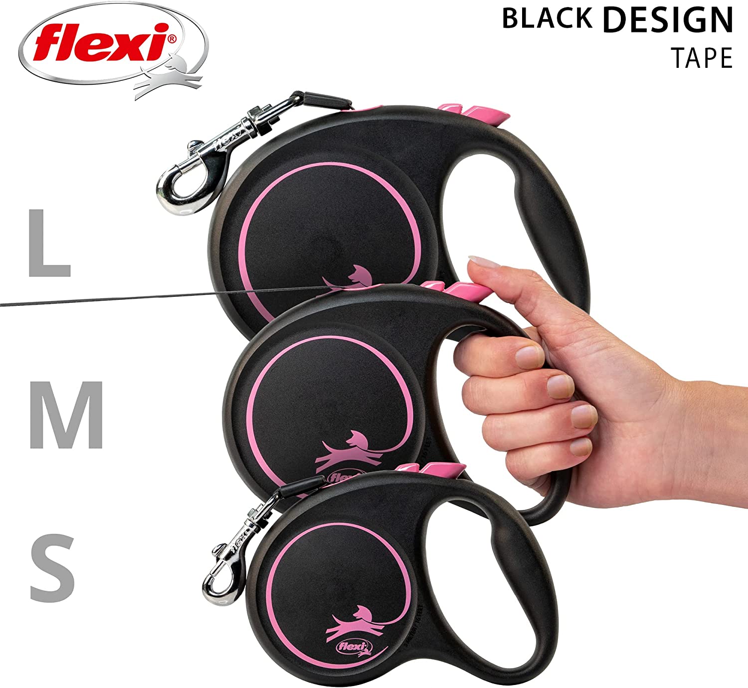 Flexi Dog Lead (Tape) - Black Design Pink
