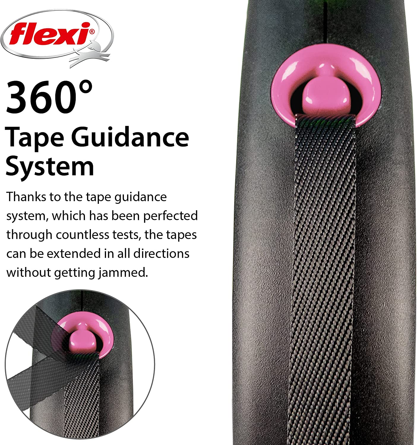 Flexi Dog Lead (Tape) - Black Design Pink