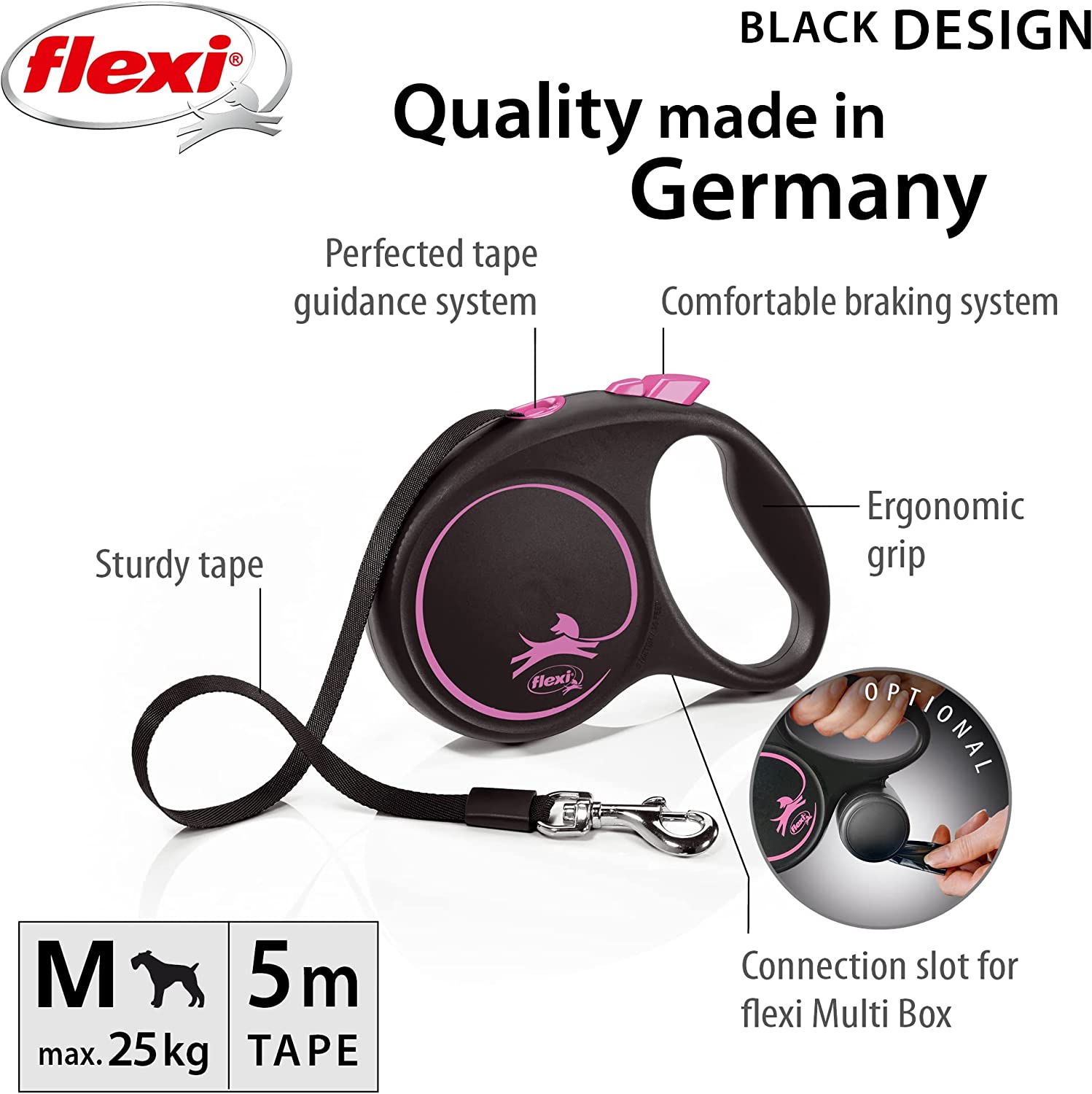 Flexi Dog Lead (Tape) - Black Design Pink
