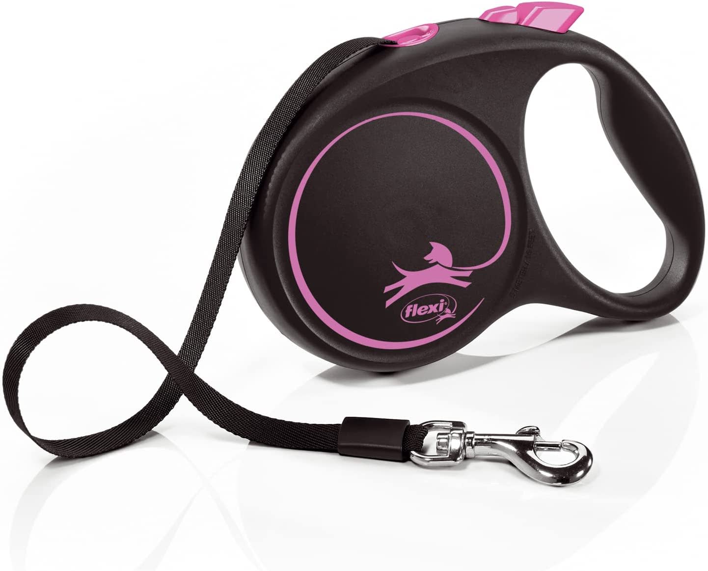 Flexi Dog Lead (Tape) - Black Design Pink
