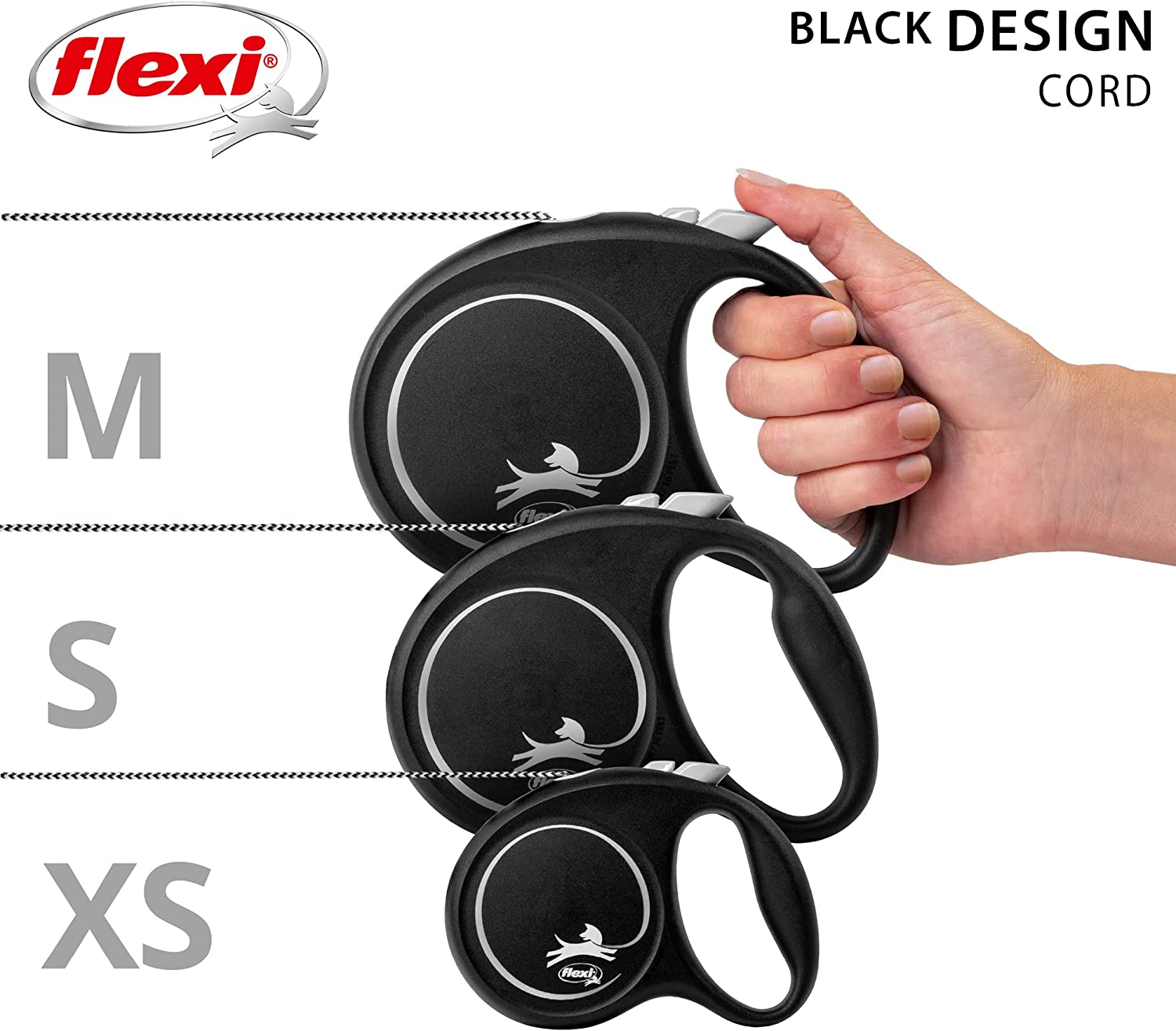 Flexi Dog Lead (Cord) - Black Design Silver