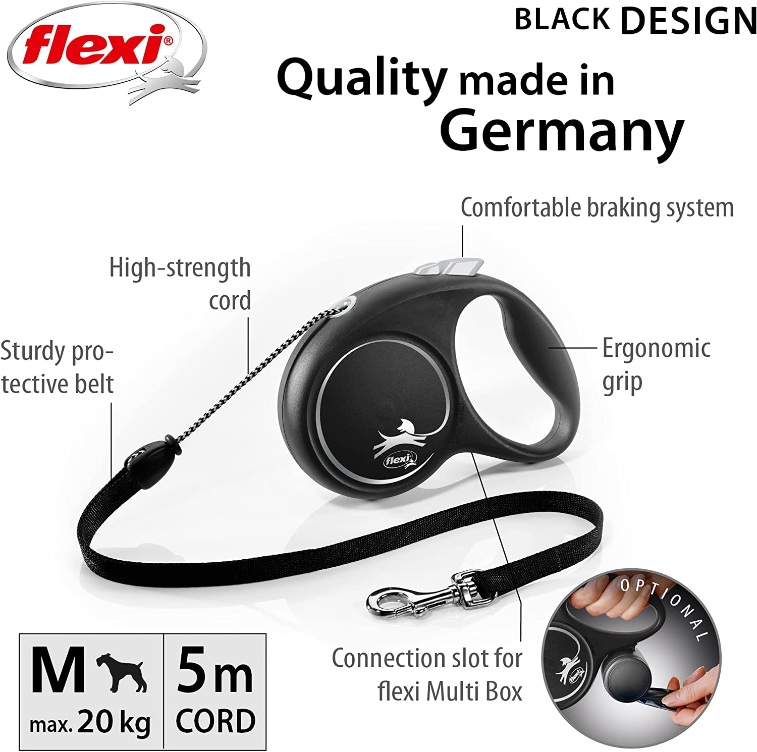 Flexi Dog Lead (Cord) - Black Design Silver
