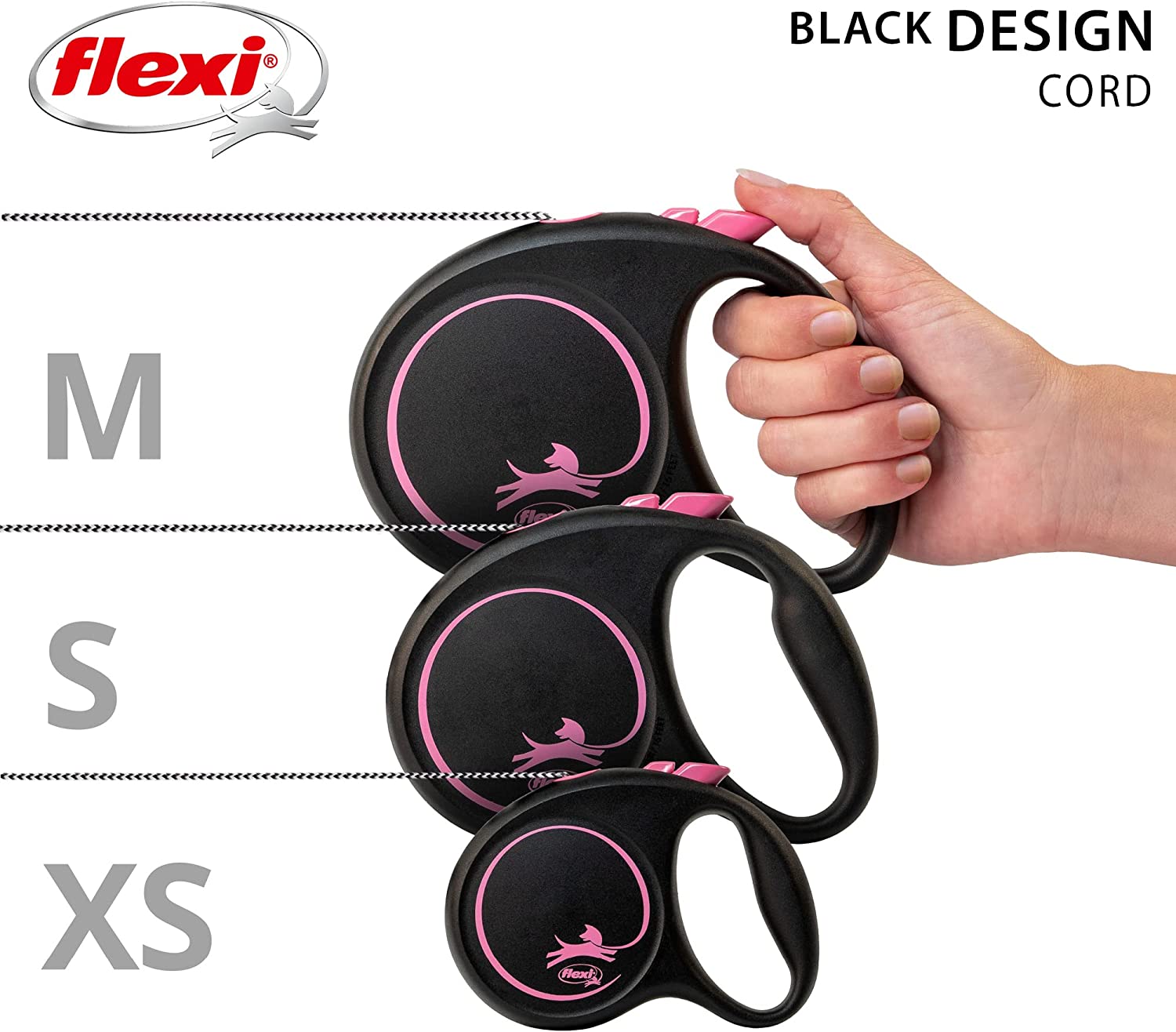 Flexi Dog Lead (Cord) - Black Design Pink