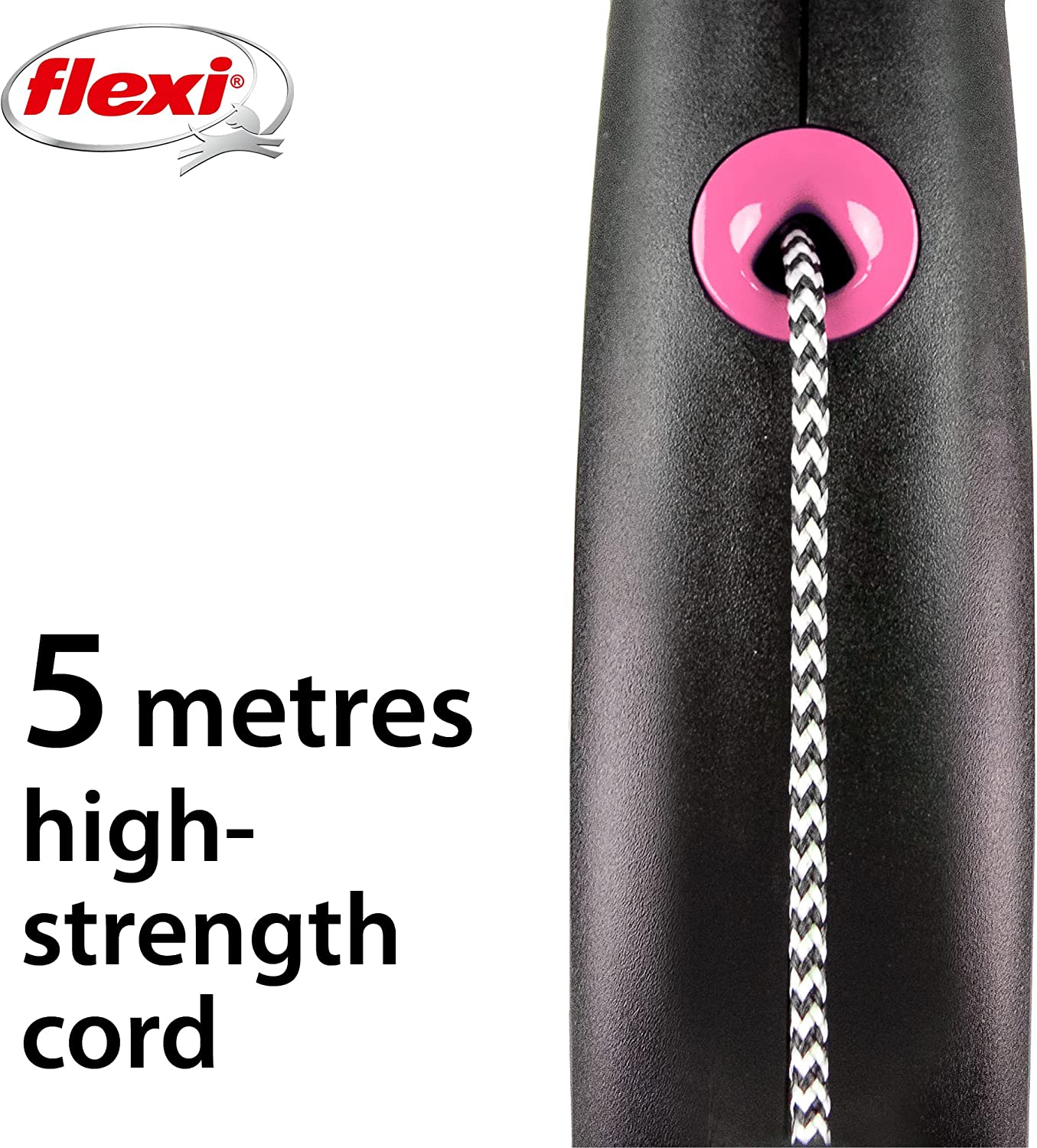 Flexi Dog Lead (Cord) - Black Design Pink