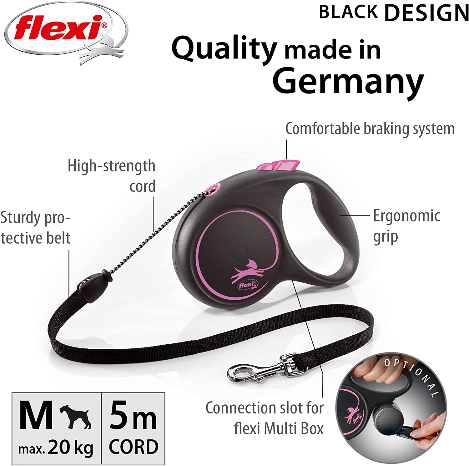 Flexi Dog Lead (Cord) - Black Design Pink