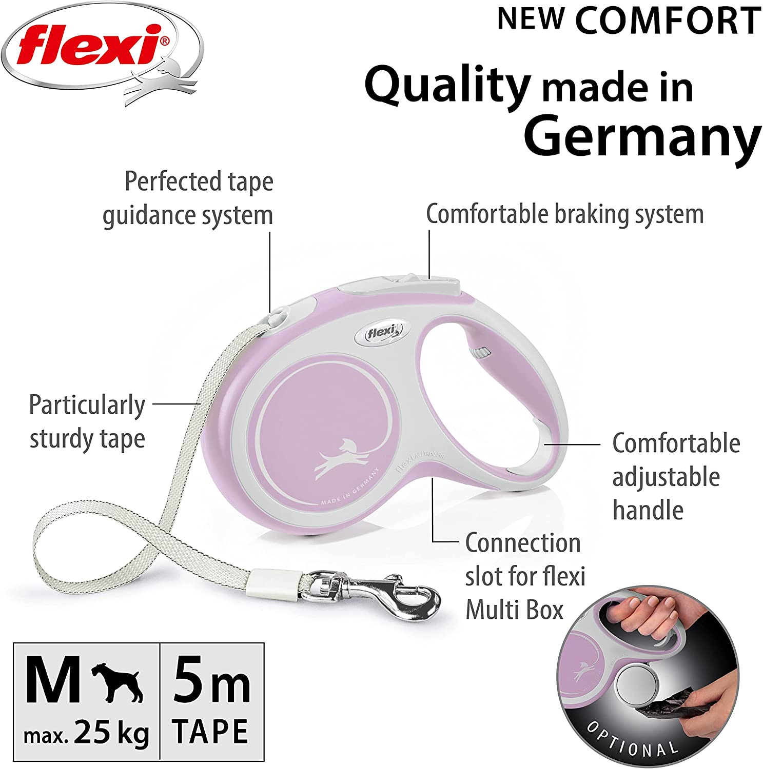 Flexi Dog Lead (Tape) - Comfort Pink Rose & White