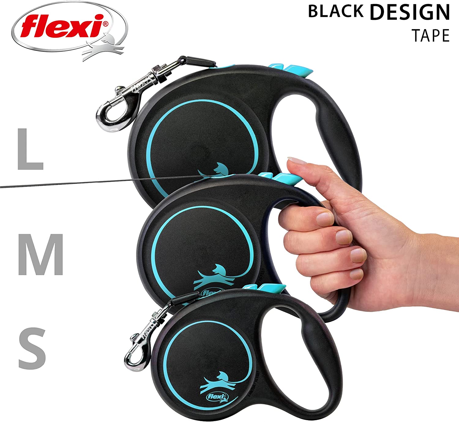 Flexi Dog Lead (Tape) - Black Design Blue