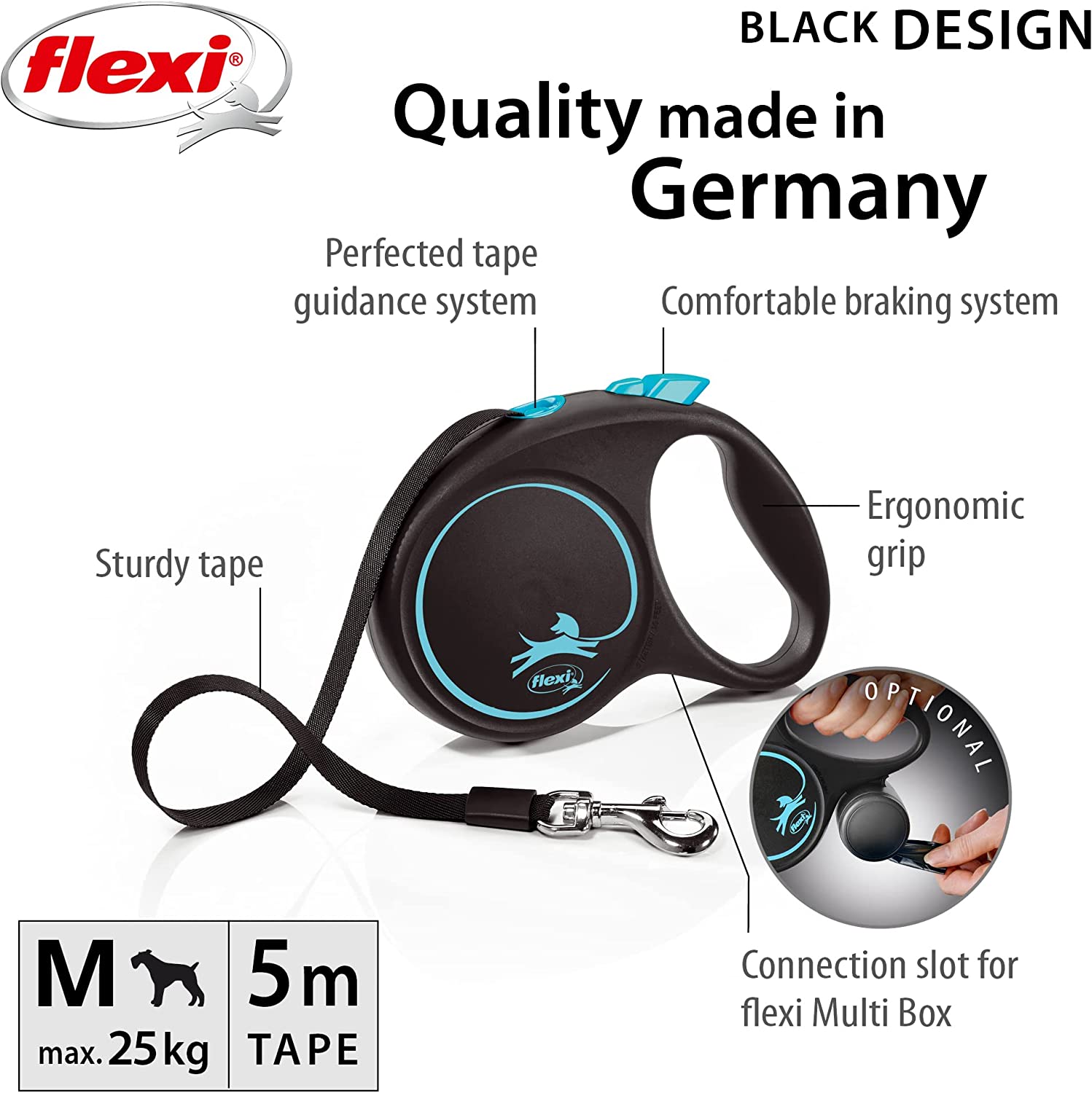 Flexi Dog Lead (Tape) - Black Design Blue