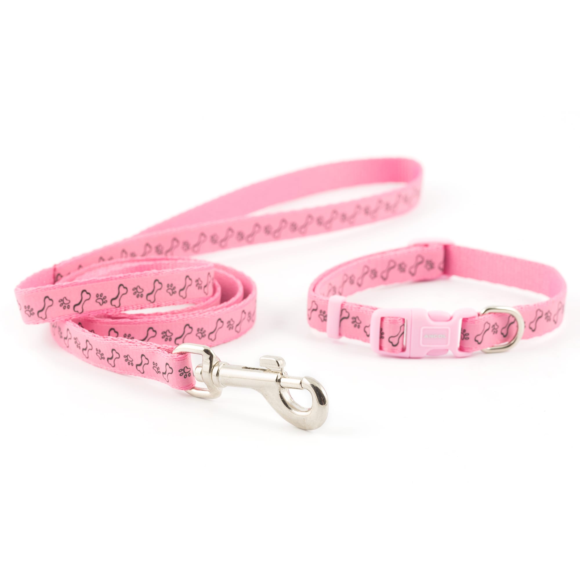 Dog Collar and Lead Set - Pink Paw and Bone