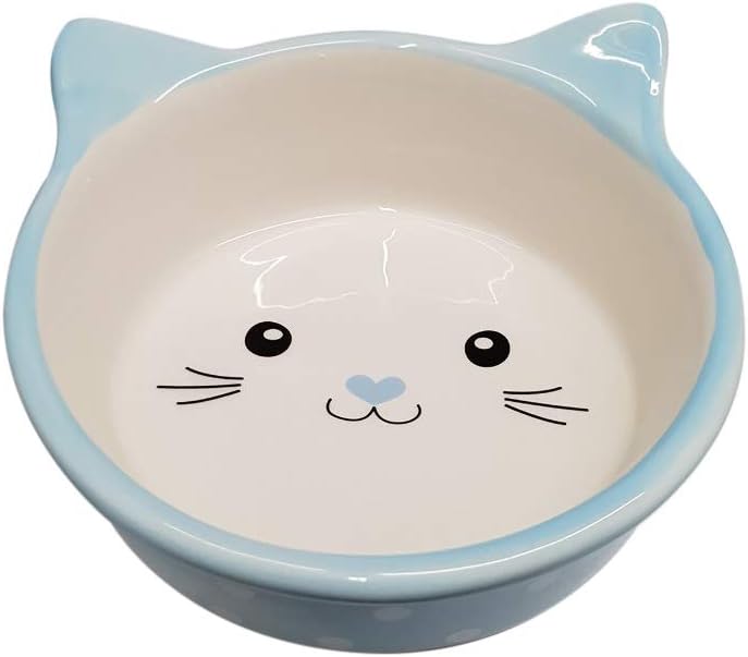 Ceramic Face Cat Bowl - Blue Polka Dot