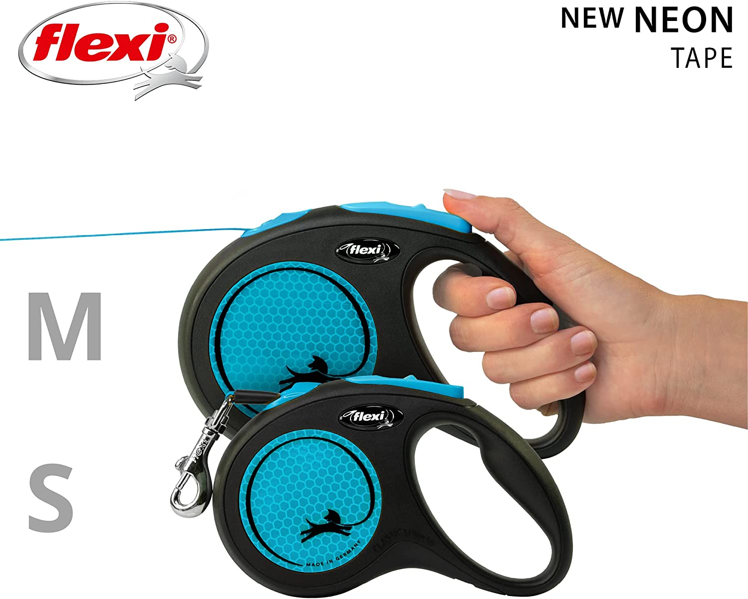 Flexi Dog Lead (Tape) - Reflective Neon Blue