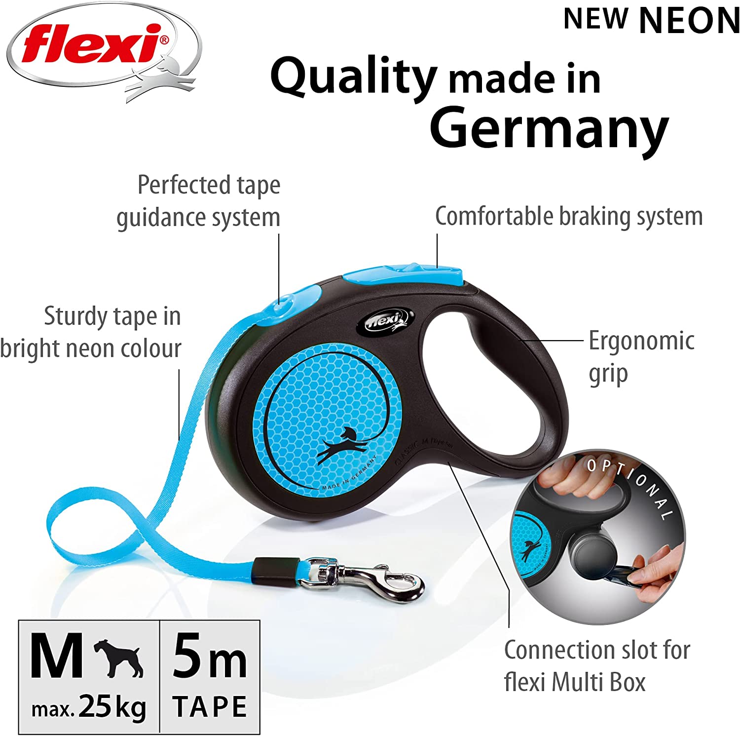 Flexi Dog Lead (Tape) - Reflective Neon Blue