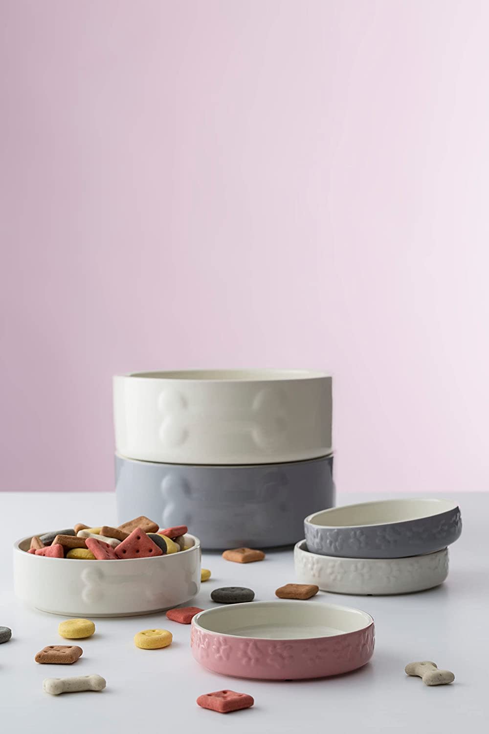 Stoneware Dog Bowl - Embossed Bone Grey