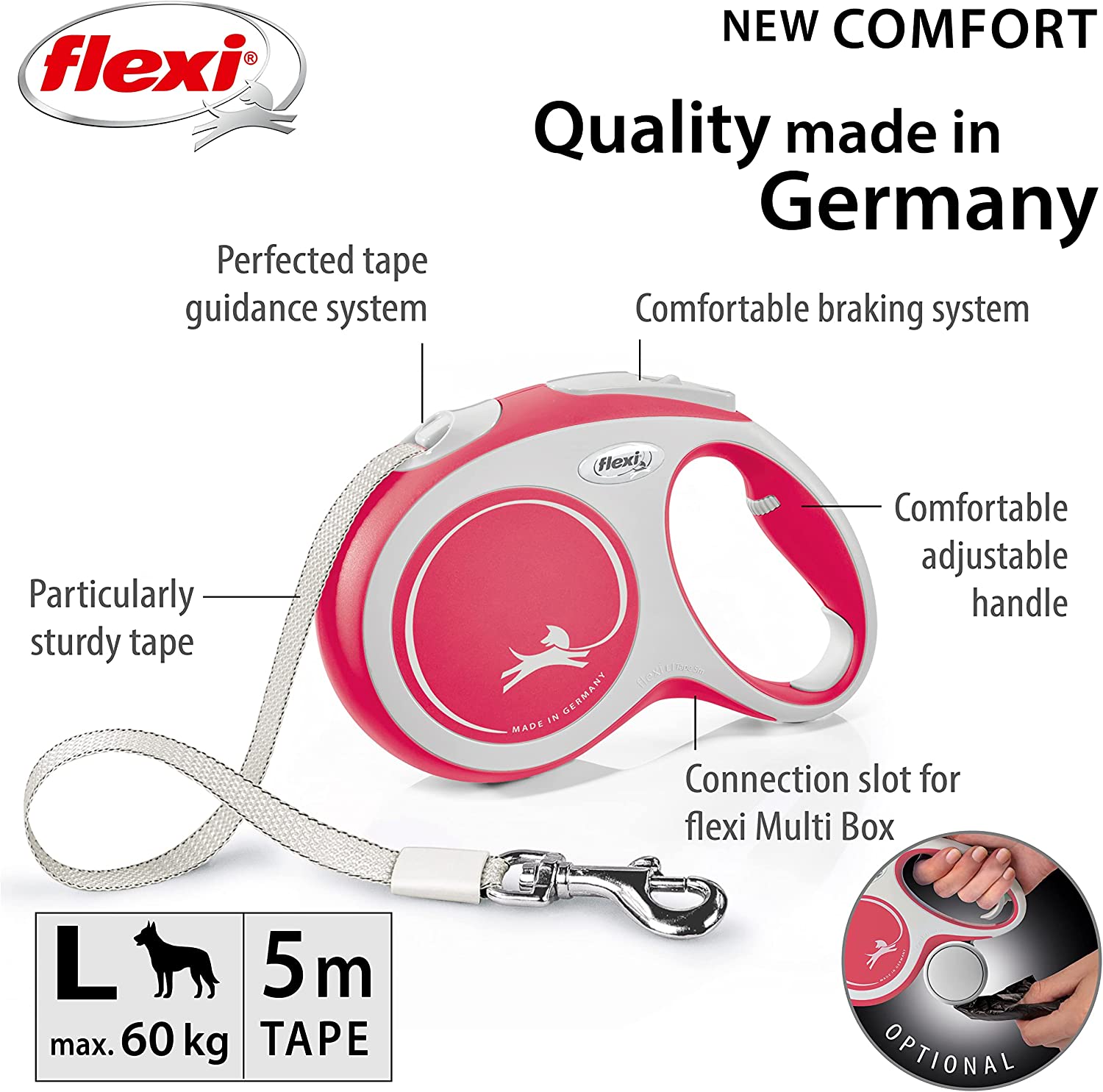 Flexi Dog Lead (Tape) - Comfort Red & White