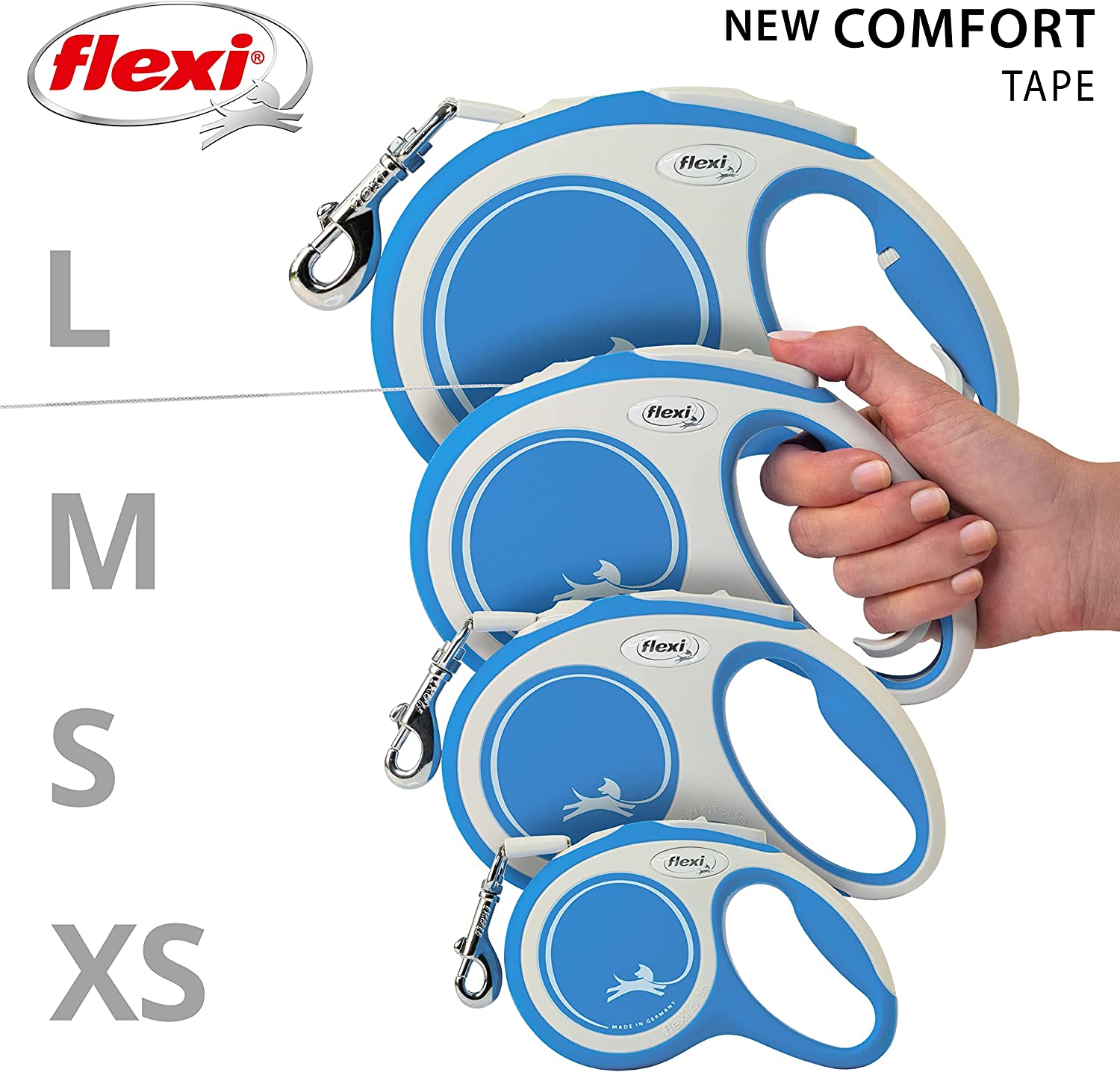 Flexi Dog Lead (Tape) - Comfort Blue & White
