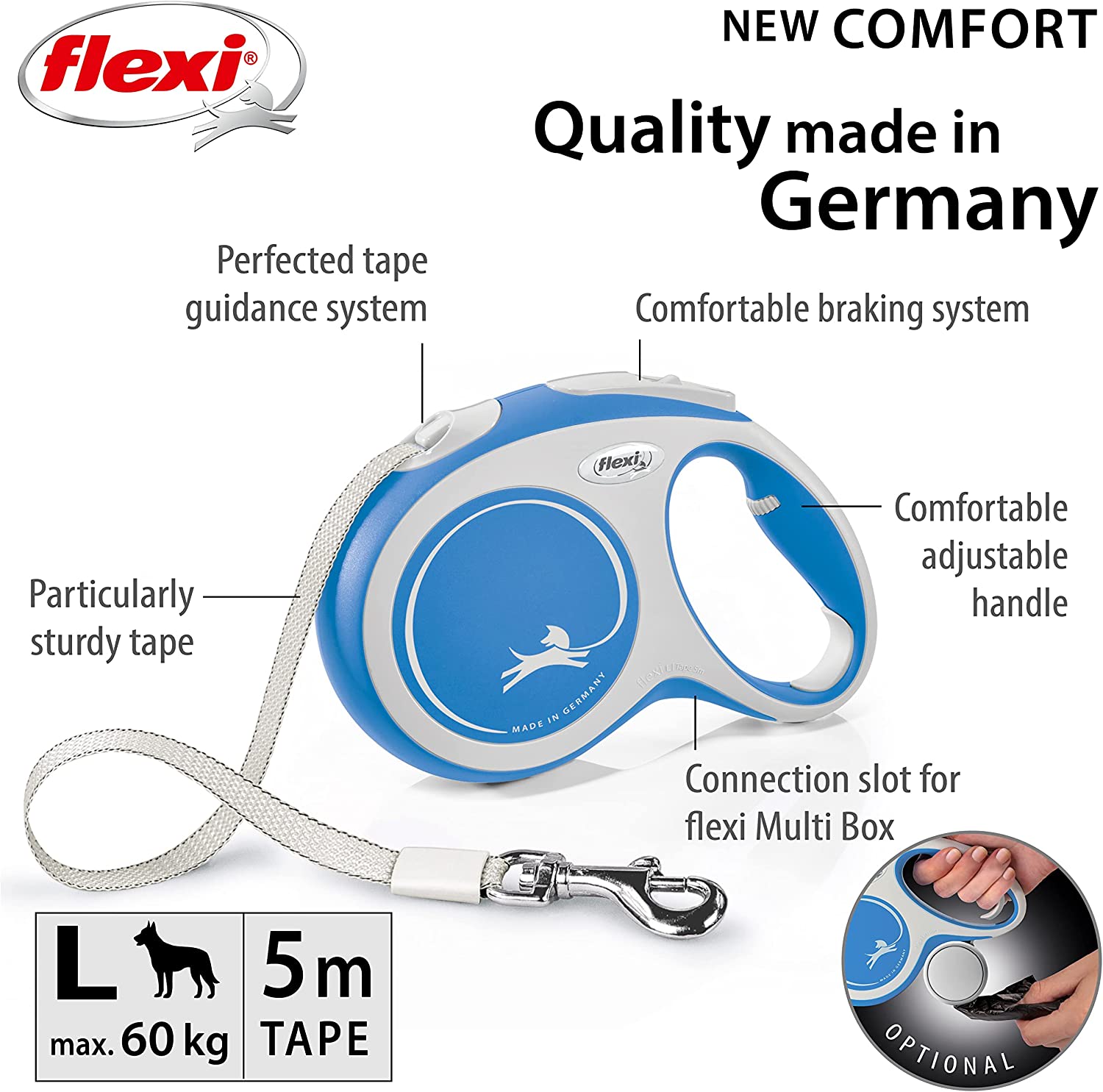Flexi Dog Lead (Tape) - Comfort Blue & White
