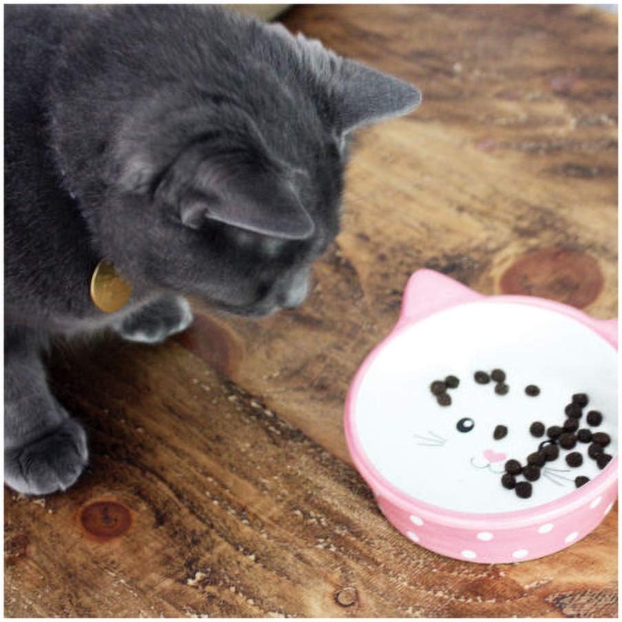 Ceramic Face Cat Bowl - Pink Polka Dot