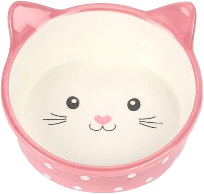 Ceramic Face Cat Bowl - Pink Polka Dot