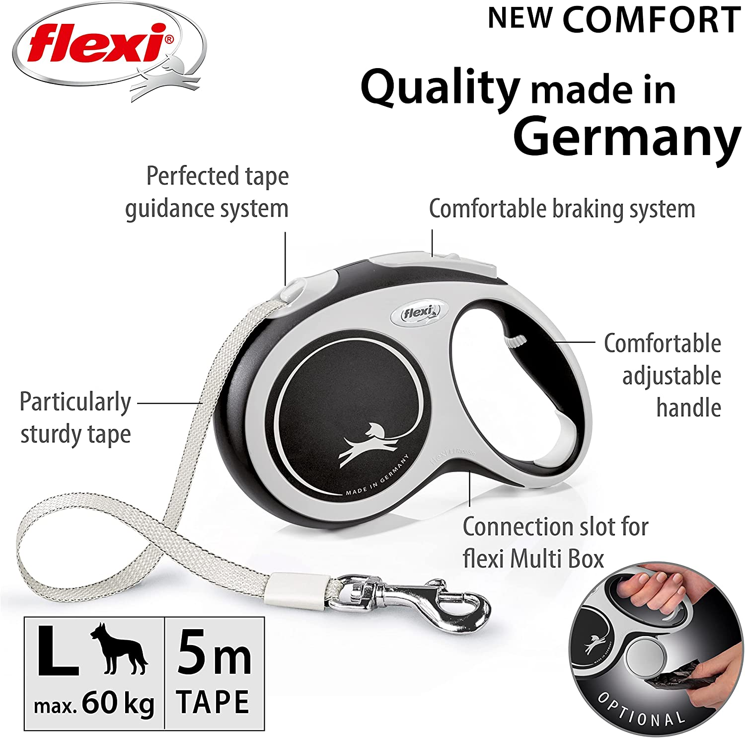 Flexi Dog Lead (Tape) - Comfort Black & White