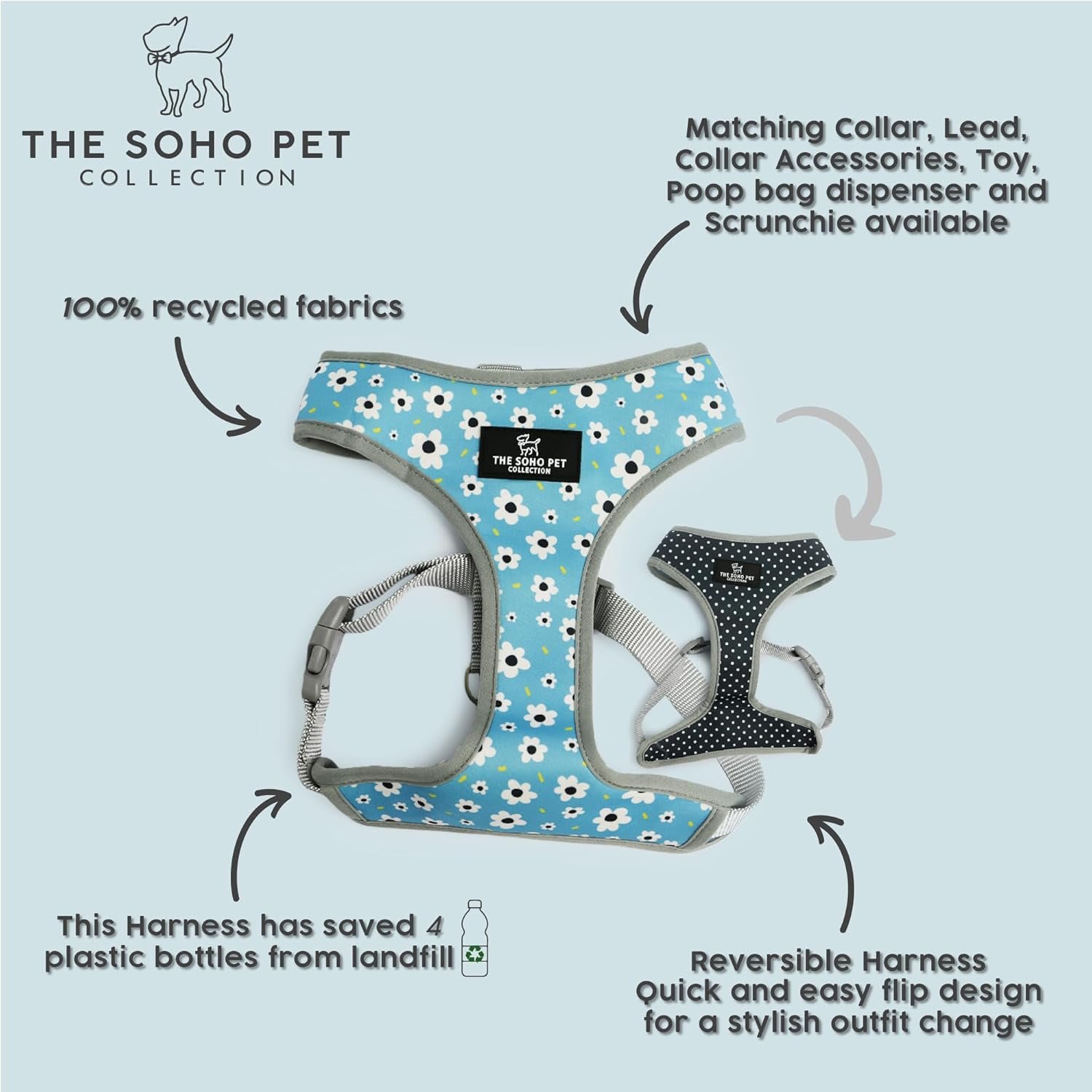 Reversible Dog Harness - Blue Daisy & Polka Dot