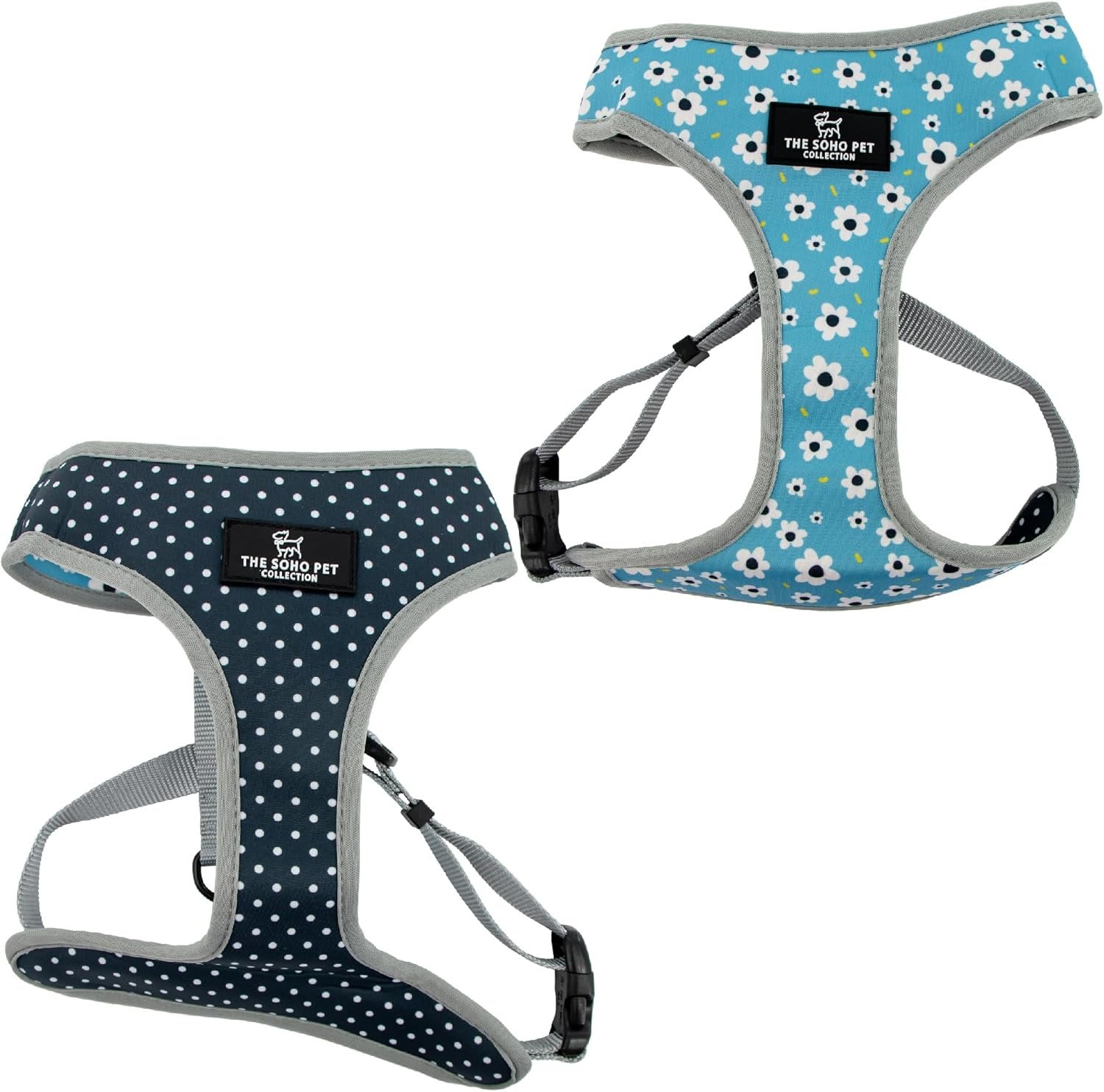 Reversible Dog Harness - Blue Daisy & Polka Dot