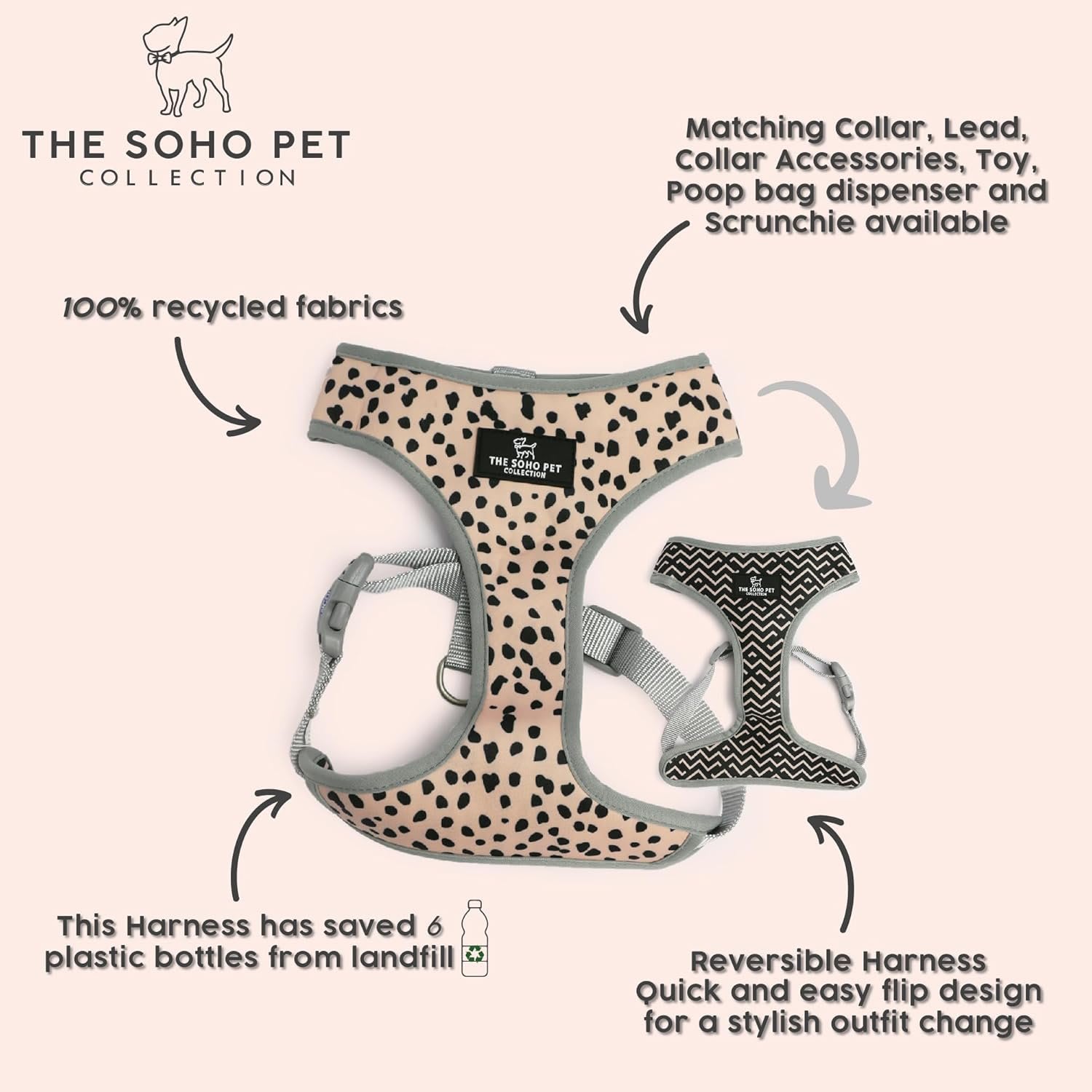 Reversible Dog Harness - Black & White Dalmatian & Zigzag