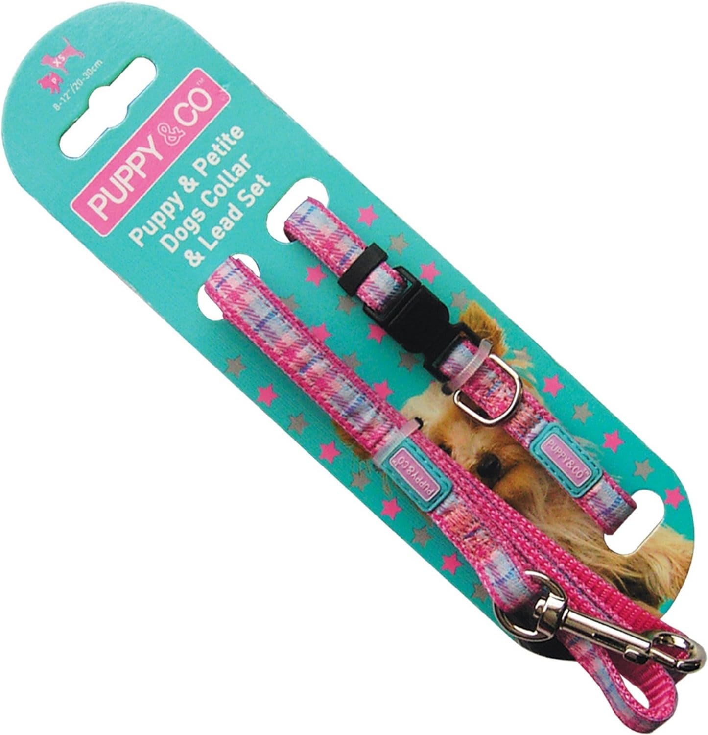 Puppy Collar & Lead Set. Pink Tartan