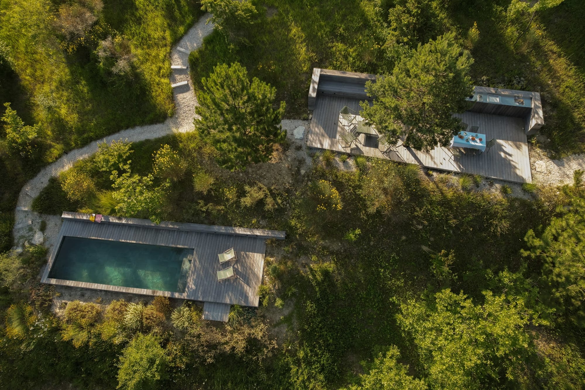 Les Brumes, a circular glass house on a terraced hillside in the Baronnies Provencales, France