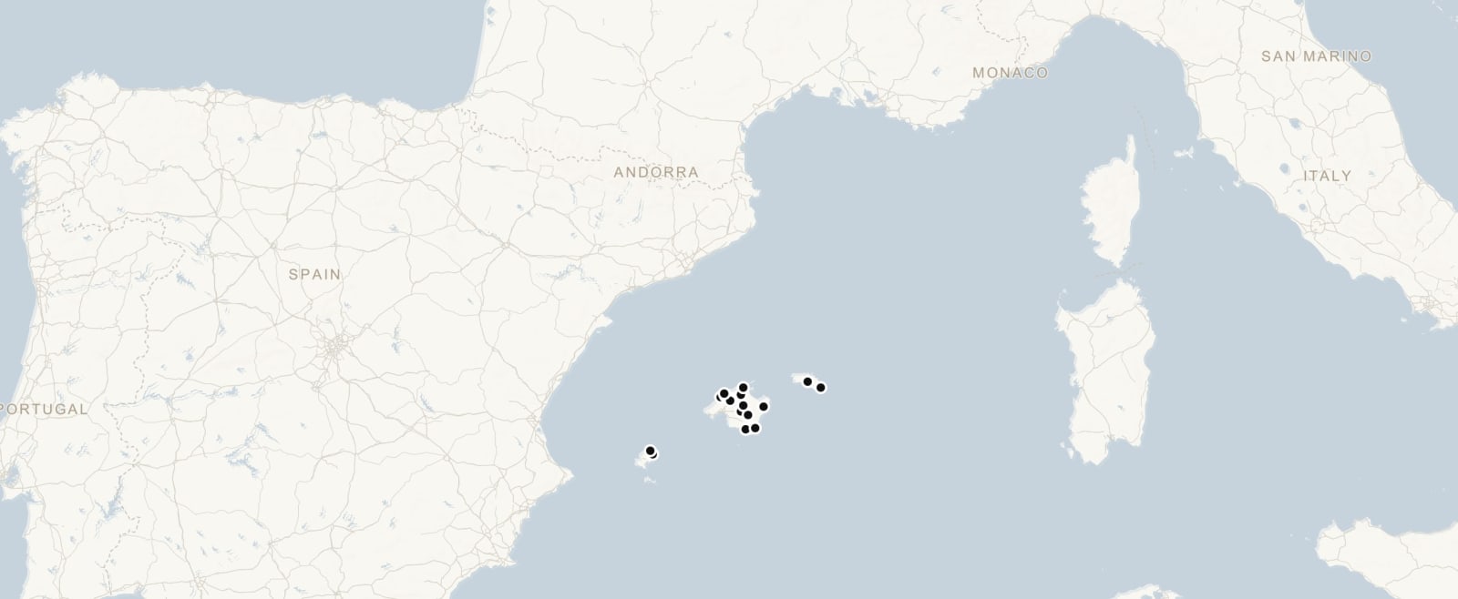 Map of Mallorca, Ibiza and Menorca showing every house in the collection