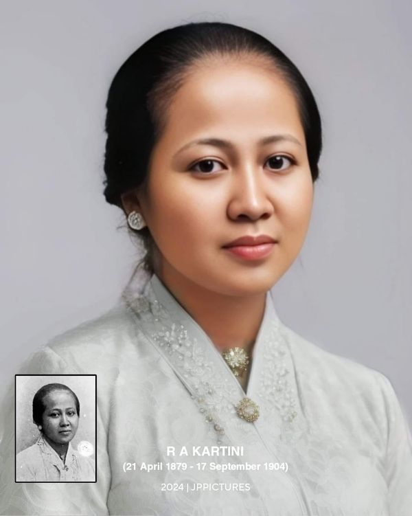 Potret R.A. Kartini mengenakan kebaya tradisional Jawa dengan latar belakang merah putih