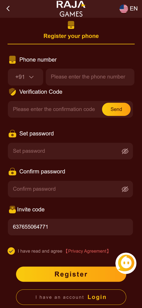 Raja Game Register Page