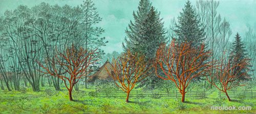 지오최_네개의 오렌지색 나무- 엔트라다의 기억_한지에 아크릴채색_60.5×140.5cm_2025