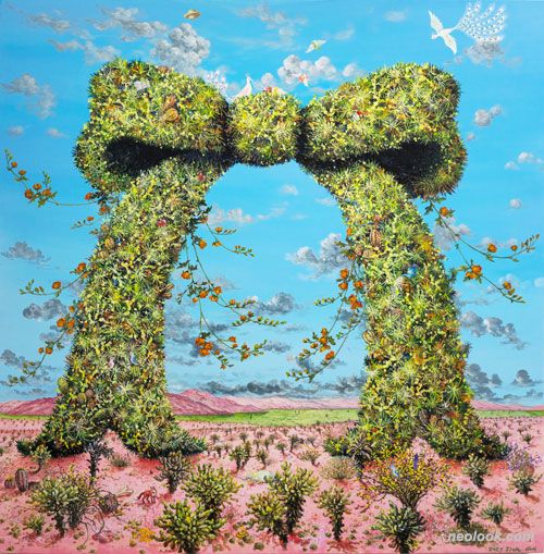 지오최_추억을 감춘 리본 선인장_캔버스에 아크릴채색_111×111cm_2025