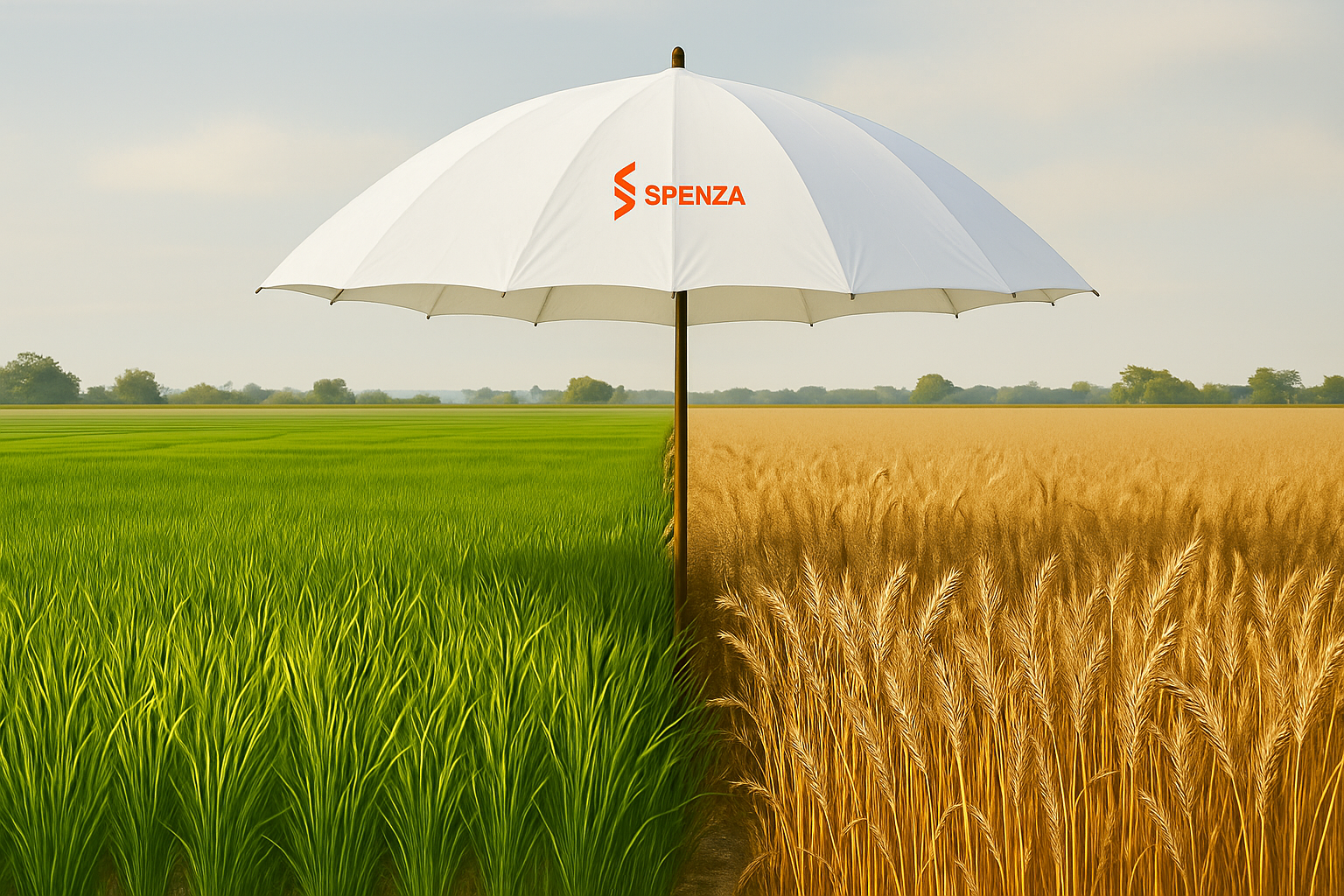 Protective black umbrella in a field, representing Spenza's platform