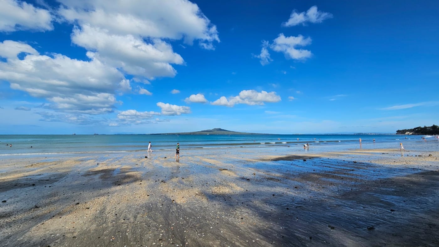 Takapuna Beach with Rangitoto Island in the distance