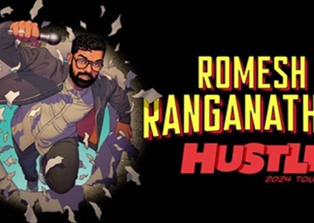 Promotional poster for Romesh Ranganathan's tour in 2024,'Hustle'.