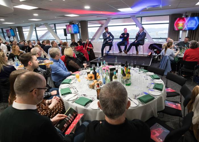 Welsh Rugby legends being interviewed in the Players Lounge