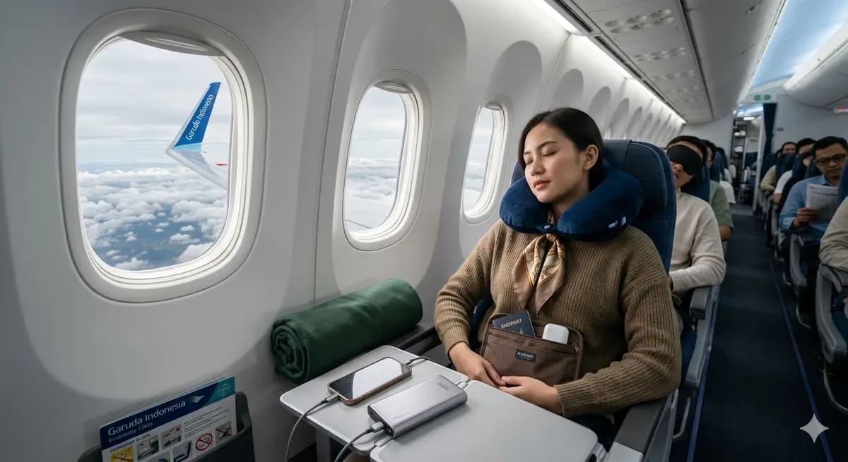 Interior Pesawat Garuda Indonesia dan Aksesoris Travel Nyaman